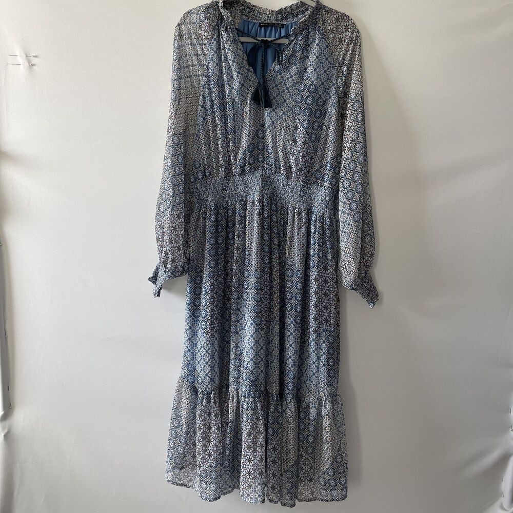 Black Tape Dress Long Sleeve Smocked Tassel Tie Blue Print Size XL